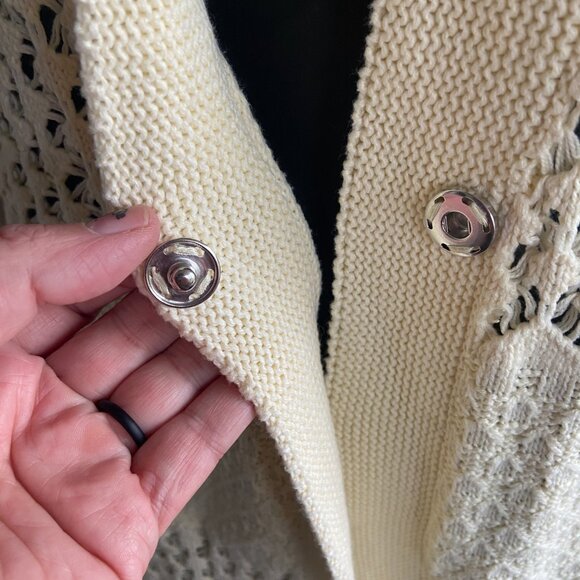 School Teacher Vibes Open Weave Cream Colored Short Sleeve Belted Sweater L - Picture 4 of 8